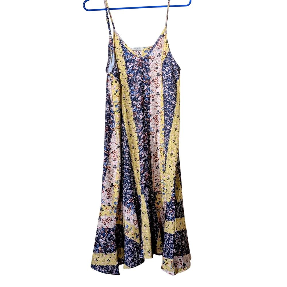 Umgee Calico Yellow Navy Stripe W/ Adjustable Straps Midi Sundress Sz S